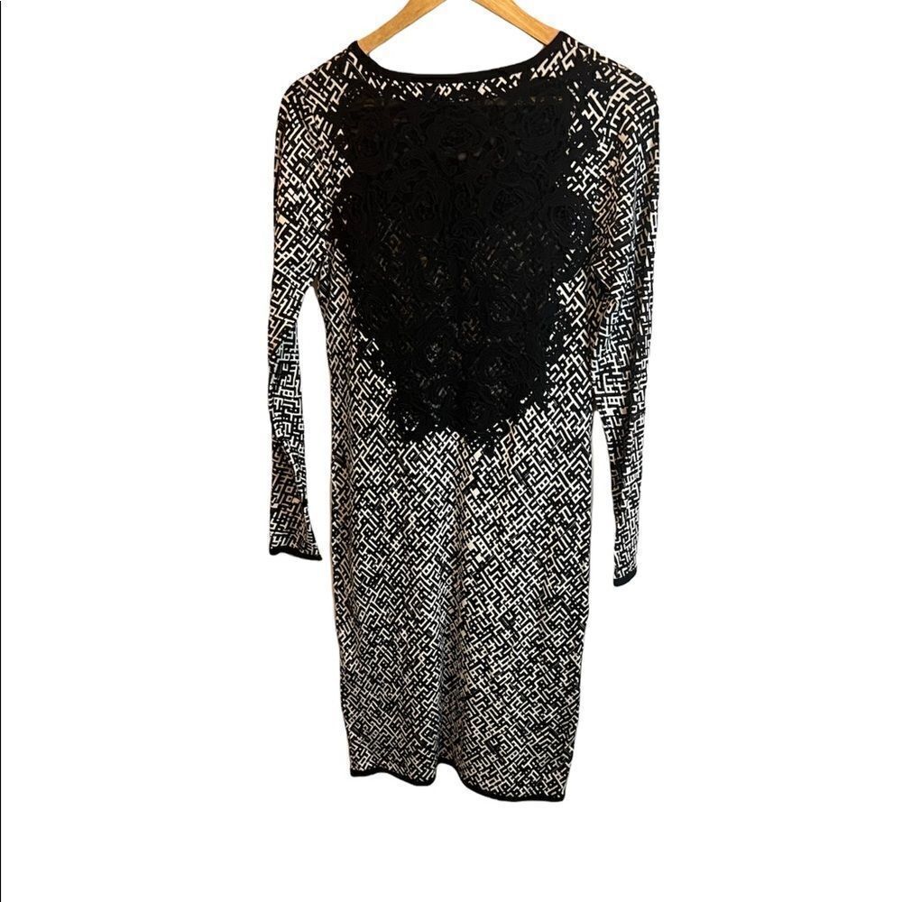 LEao GUY Black & White Patterned Sheer Lace Panel Back Fitted Sweater Dress 3 - Picture 3 of 8